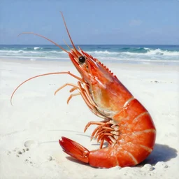 ultra realistic portrait painting of a red prawn on a white beach, art by frank frazetta, 4 k, ultra realistic, highly detailed, epic lighting
