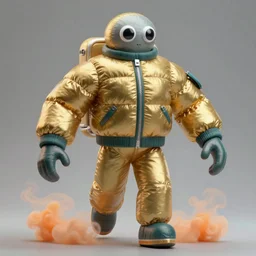 a single striding slender figurine of a tall giant inflated space man wearing over sized gold teal puffy bomber jacket, long bendy arms and legs, googly eyes, tareme eyes, small head, orange mist swirling at feet, 8 5 mm, f 5. 8, soft lighting