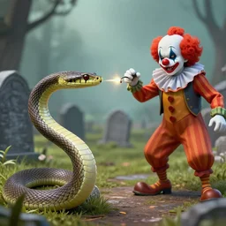 snake shooting his venom at clown on the graveyard, ultra realistic, 1 0 8 0