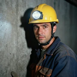 A man, working clothes, yellow helmet, headlight, face, dirty Concrete wall ; basement , night; 90's professional color photograph, close up, view from front.
