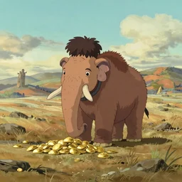 a lowly woolly mammoth wanderer searches for gold in the vast post - apocalyptic wasteland. in the style of studio ghibli
