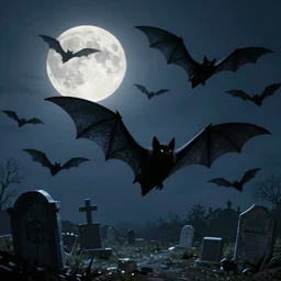 a few large black bats flying in the night sky, full moon, cemetery, fantasy art, concept art by greg rutkowski, trending on artstation