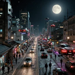streets are crowded with plasma hovercraft in a Russian cyberpunk slum city called Neo Norilsk on the Moon, at night, diverse, lively, black sky full of stars, blinding sun, sci-fi, lots of flying cars, levitation, cyberpunk outfits, photorealistic, grainy, 35mm, intricate, very very beautiful, elegant, smooth, cinematic, Unreal Engine 5, by Beeple, trending on Artstation HD