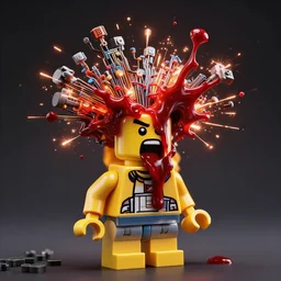 uhd hyperrealistic photorealisitc hyperdetailed detailed lego man head exploding, puking blood, screaming, with sparking circuits, studio lighting, by ayami kojima amano karol bak, greg hildebrandt and mark brooks