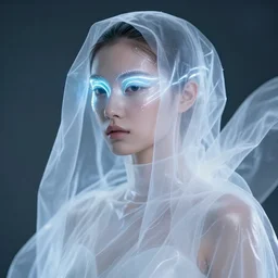 high fashion photography of a model in neo futurism white sci - fi neon light led makup, transparent cloth, beautifully lit