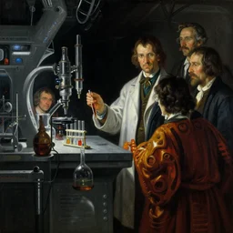 a still life painting of a futuristic mad scientist's laboratory. dark surroundings.. deep reflective colors. renaissance masterpiece. highly detailed sci - fi fantasy painting by norman rockwell, frank frazetta, johfra bosschart, and syd mead. rich colors, high contrast, dark background. artstation