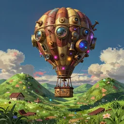 one steampunk hot air balloon, floating over a grassy chocolate - shaped hills, magical, colorful, fantastic lighting, amazing details, 4 k uhd, illustration by hayao miyazaki style, artstation, pixiv, pixels