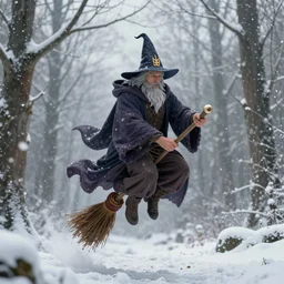 wizard, flying on the broom, front view, trees, snowing, artstation
