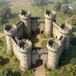 inner ward of a small medieval castle, round, six towers, double walls, main gates, viewed from bird's-eye, concept art, key visual, realistic, architecture, digital art