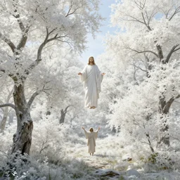 a fantasy landscape with white beautiful trees, jesus