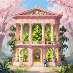 green weed grow house, rococo style, greek architecture, pink marble building, marijuana trees, sakura season weed leaves dynamic lighting, landscape, artwork by jeremy lipkin and giuseppe dangelico pino and michael garmash and rob rey and greg manchess and huang guangjian and makoto shinkai, pixiv, 1 0 0 mm