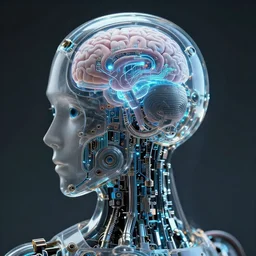 headshot of humanoid robot from ex machina, cyborg implants, electronic brain, glowing circuitry, highly detailed, intricate and elegant, cinematic lighting, glass, transparency, studio ghibli, jean - baptiste monge