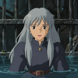 realistic close up still from howl's moving castle ( 2 0 0 4 ) of a long - haired grey witch in a flooded prison, hq, depth of field.
