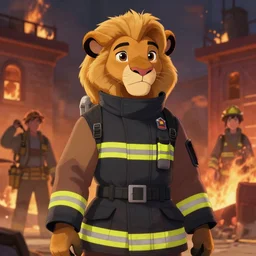 beautiful portrait of a female anthropomorphic lioness fursona wearing a firefighter uniform at a burning building. character design by disney, charlie bowater, ross tran, artgerm, and makoto shinkai, detailed, soft lighting, rendered in octane