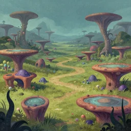 the meadows of an alien world where gravity is crushing and full of organisms that resemble walking tables, conceptart. org illustration