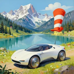 a mountain lake landscape with futuristic vehicles in the style of Dr. Seuss, luxury, painting by Raphael Lacoste