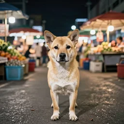 color photo portrait of a dog in the market at night, thai, 1 9 9 0 photograph magazine