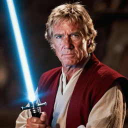 Still of Clint Eastwood as jedi! master Obiwan kenobi!!!!. in Star Wars (1977). detailed eyes. medium shot, technicolor. light saber!!