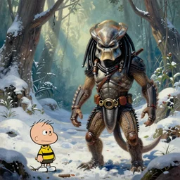 Painting of Brad Pitt vs the Predator in a snowy jungle by Charles M. Schulz
