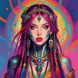 colorful portrait of a female hippie cyborg, set in the future 2 1 5 0 | highly detailed | very intricate | symmetrical | professional model | cinematic lighting | award - winning | painted by mandy jurgens and ross tran | pan futurism, dystopian, bold psychedelic colors, cyberpunk, groovy vibe, anime aesthestic | featured on artstation