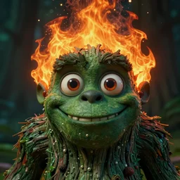 detailed rocky scene, a close up of a funny tree monster fire spirit with detailed smiling face, large eyes and flaming hair by maurice sendak, shaun tan made in hyperrealistic 3 d, octane render, dark green colours, sharp focus, 8 k, nighttime, concept art, artstation