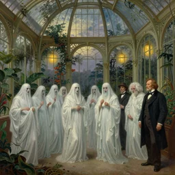 a beautiful painting, filled with eerie ghosts of da vinci marconi tesla edison einstein newton wosniak gutenberg and wright brothers, inside a large overgrown victorian greenhouse with large windows, warm lights, evening, stunningly beautiful art nouveau architecture, illustration by john atkinson grimshaw