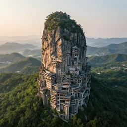 fantasy futuristic castle structure built into a giant isolated vertical mountain, layers of terraces, lush green landscape, drone shot, wide angle landscape, photogaphy, intricate detail, awe inspiring, 8 0 mm film, sunset lighting, soft natural colors, cinematographic