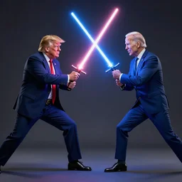 Donald Trump and Joe Biden fighting with lightsasbers, ray traced, 4k, detailed, realistic