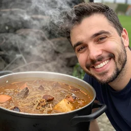 photo realistic, a close up selfie of a guy grinning next to a steaming hot pot of cholent.