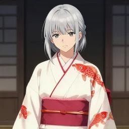 girl, silver hair, kimono with red fish patterns, trending on artstation, detailed, looking to camera, body shot, ilustration by Takehiko Inoue and Yoann Lossel