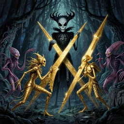 epic battle between golden angles of peace and the squid demons of the nether in a dark swamp forest by tim burton and bill henson