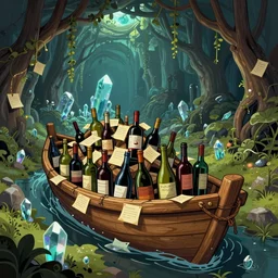 in the vine forest of the underground crystal mine, a wooden boat covered with notes is stacked with all kinds of wine bottles and the atmosphere is very strong ) ) ), trending on artstation, illustrated by greg rutkowskia, 4 k digital art, the style of borderlands 2