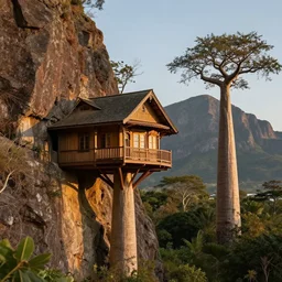 victorian treehouse on the side of a cliff in madagascar, next to an enormous mountain, baobab tree, cinematic lighting, hyper realistic, photographic, sharp focus