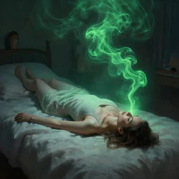 a woman floating abover her bed at night, astral projection, green smoke! surreal concept art, lifelike, photorealistic, digital painting, aesthetic, smooth, sharp focus, artstation hd, artgerm and by greg rutkowski, bruce pennington, valentina remenar, rhads, asher duran,