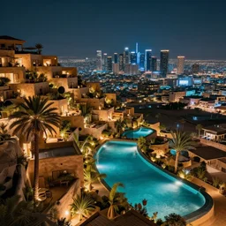 habitat 6 7, terraced architecture hotel in the dessert, many plants and infinite pool, night view, cinematic, cyberfunk city