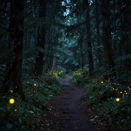 A path leading to a mystical creepy dark forest full of wonders and magic fireflies, scary pines, fireflies glow in the dark, magical atmosphere, trending on artstation, 30mm, by Noah Bradley
