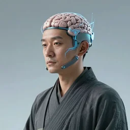 a Buddhist man wearing a brain control interface, cyberpunk, award winning photorealistic photo