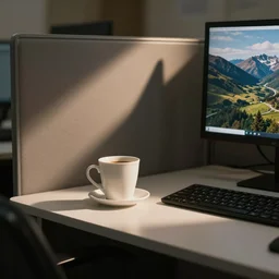 coffee cups on 90s cubicle table, near computer