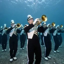 Underwater photo of a marching band by Trent Parke, clean, detailed, Magnum photos