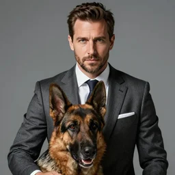 a photo of a man in an expensive suit, he has the head of a german shepherd dog
