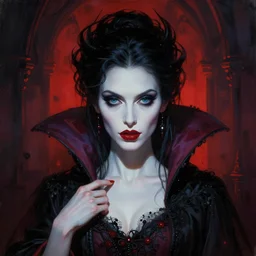 masterpiece painting of elite vampire widow girl portrait by dan hillier, darius zawadzki, james jean and zdizslaw beksinski, epic, majestic, intricate artwork, volumetric lighting, porcelain skin, dramatic vivid colors, gothic, haunting, in the style of midjourney, trending on artstation 8 k