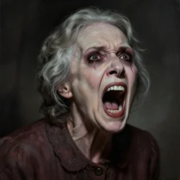 horror portrait of a creepy old lady screaming, matte painting by maxim verehin