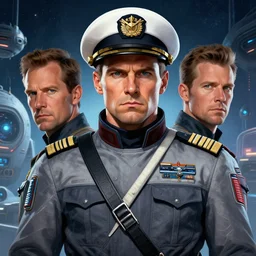 moebius and mohrbacher portrait of a retro futuristic space ship captain, detailed illustration, stern look,