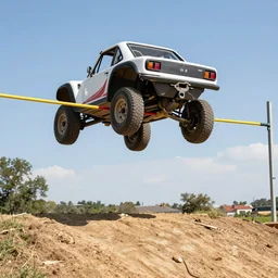 spectacular high jump of a classic off road race car over a hill, rear view