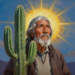 a beautiful painting of the san pedro cactus with the face of an old indigenous man in the sky representing its spirit, fantasy art, matte painting