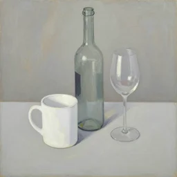 abstract oil painting, minimal, white mug, glass bottle, wine glass, on a table. in the style of john craxton, similar aesthetics to ivon hitchins