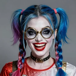 evil audrey hepburn with braids as harley quinn, double long braids blue, no makeup, tane skin, blue hairs, insane crazy laugh, big brown steampunk googles, portrait shinkai makoto artgerm rossdraws james jean marc simonetti highly detailed intricate matte sharp focus digital painting artstation pixiv