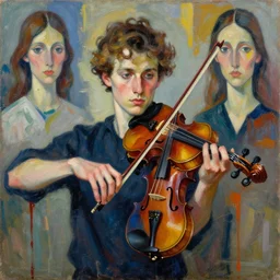 portrait of a young violinist focusing and violin hanging in air painted by vincent lefevre and hernan bas and tracey emin and david hockney and pat steir and hilma af klint, psychological, symmetrical face, dripping paint, a lot brush marks, rendered in octane, high quality render, altermodern, masterpiece
