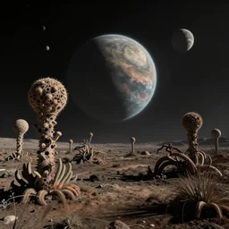 Alien planet with weird unknown plants, POV looking far in the distance, other moons are faintly visible in the sky, landscape photography 4k