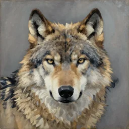 wolf with 2 faces, portrait, Henri Rousseau style, oil